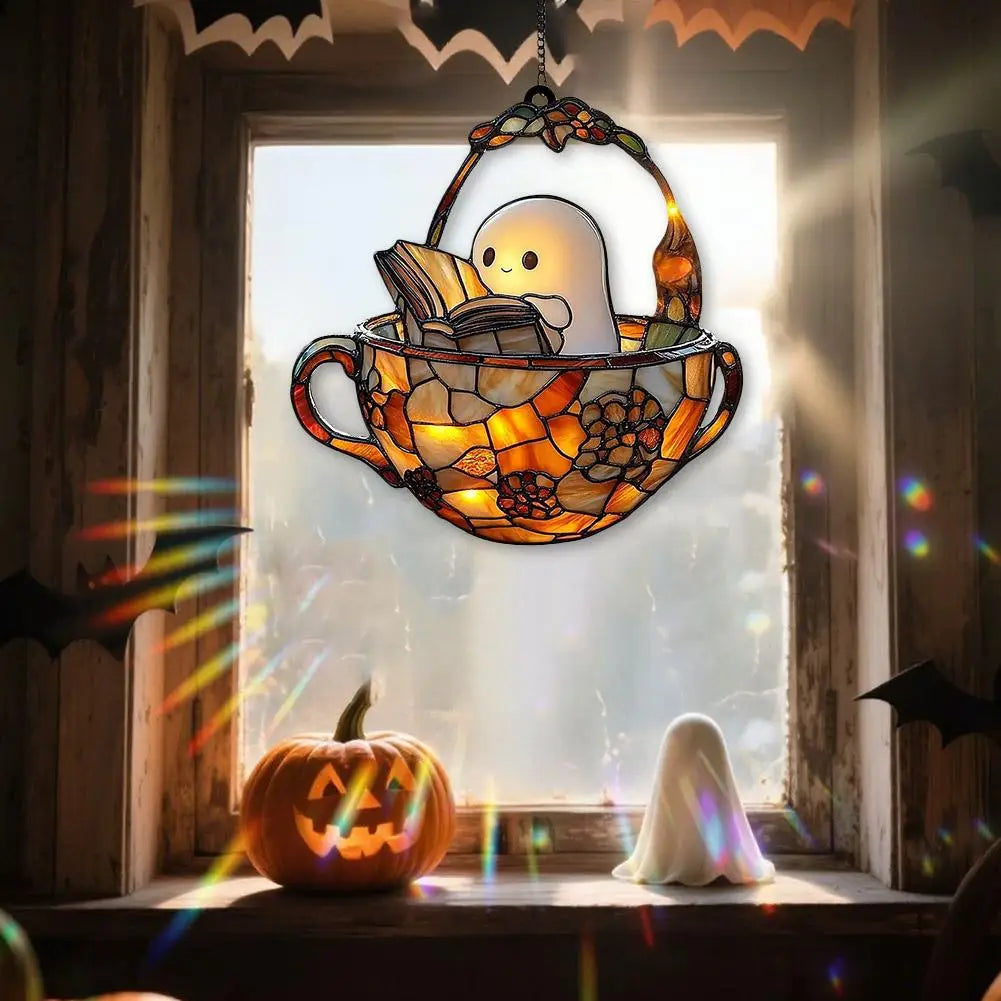 Halloween Ghost Reading Book Window Ornament