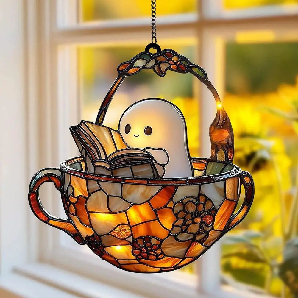 Halloween Ghost Reading Book Window Ornament